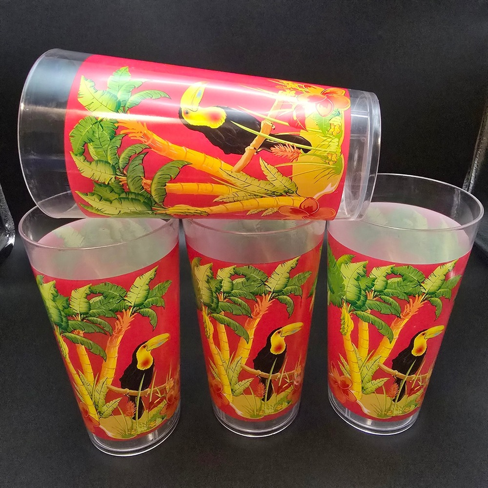 Summer Fun Tropical Toucan Plastic Tumblers Set of 4 Red Palm Tree 7"